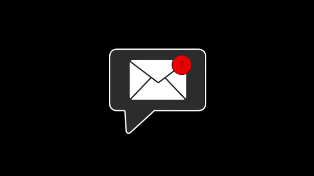 Animated white email envelope icon with a red circular badge showing 7 new messages on black background, digital inbox status and alert animation.