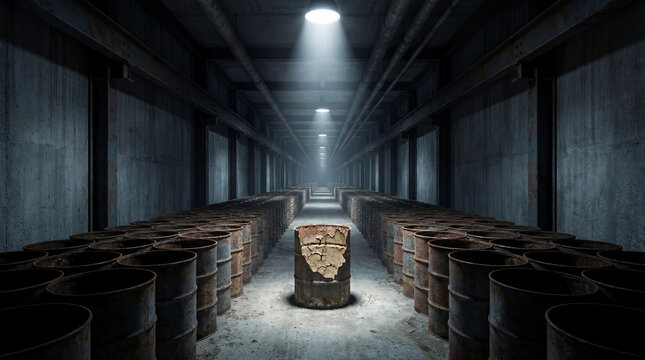 Single rusted oil drum filled with cracked dry earth sits under spotlight in dark industrial tunnel. Peak oil, resource depletion, environmental collapse.