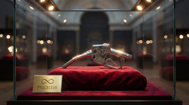 Polished chrome fuel nozzle rests on red velvet cushion inside museum display case with PRICELESS plaque. High energy costs, resource value, fossil fuel transition.