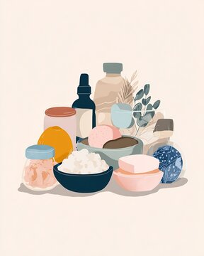 Flat illustration of assorted natural bath and skincare products with jars, soaps, salts and botanical sprigs on neutral background