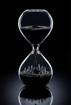 Dark liquid oil drips through glass hourglass onto miniature modern city model. oil spill metaphor, black gold economy, fuel scarcity concept.