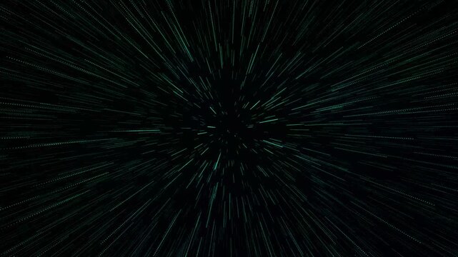Hyperspace jump through stars. Abstract light streaks moving fast in dark background. Concept of travel at high speed in interstellar space for movie effect.
