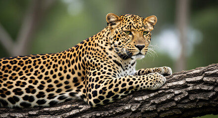 Naklejka premium A magnificent leopard rests on a tree branch, its spotted coat and watchful gaze embodying the untamed beauty and powerful intensity of this wild predator