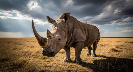 Fototapeta premium A powerful rhinoceros stands on the vast golden savanna. Dramatic light pierces a cloudy sky, highlighting the majestic presence of this African wildlife