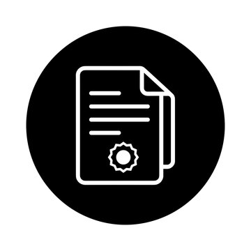 Invoice payment icon with document and approval seal in black and white