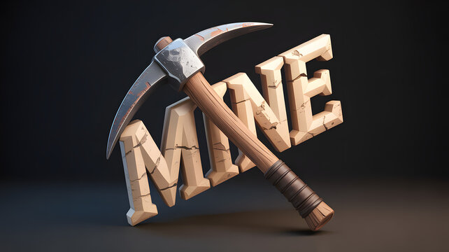 3D stylized pickaxe resting on stone text MINE, realistic mining tool with wooden handle and metal head, professional industrial 3D render, low poly quarry equipment, gold rush and excavation concept.