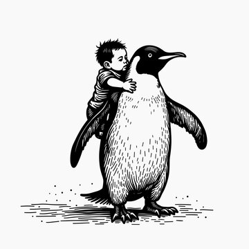 A striking black and white engraving-style illustration shows a young child clinging to the back of a large penguin. The intricate details capture a unique friendship on a textured surface 