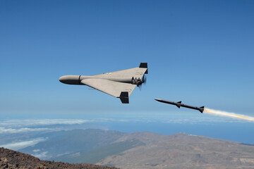 A missile shoots down a drone during an air strike over mountainous terrain. © Anelo