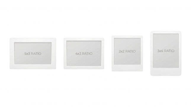Mockup frames showcase white picture frame ratios 5x3 4x3 2x2 and 3x4 template isolated on black