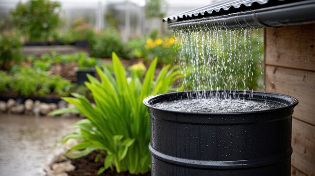 Rainwater harvesting system with black barrel collecting water from roof gutter in a vibrant garden filled with green plants and colorful flowers