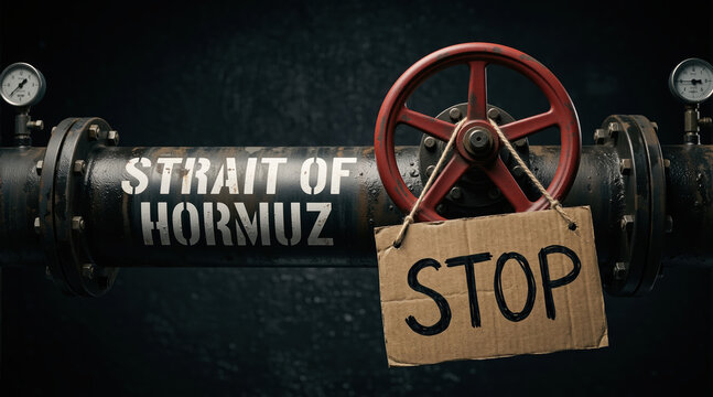 Industrial oil pipeline marked Strait of Hormuz with a red valve and cardboard stop sign. Geopolitical conflict in Persian Gulf and global oil blockade concept