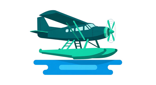 A vector graphic illustration of a seaplane floating on water with a propeller and pontoons