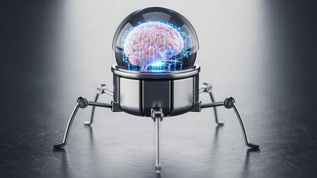 A futuristic robotic creature with a glowing brain in a glass dome