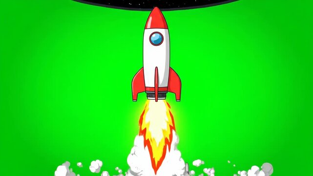 A retro-style rocket blasting off from a green screen background with a trail of fire and smoke