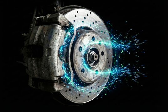 Car brake disc and caliper illustrating energy recovery with glowing green and blue conceptual light.