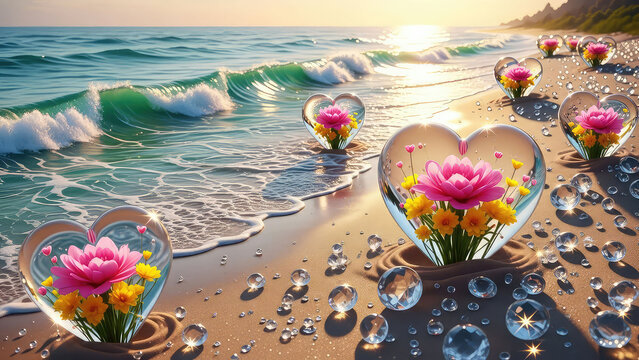A serene beach scene with heart-shaped glass vases filled with flowers