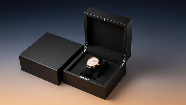 A luxurious watch presented in an open black gift box on a gradient background