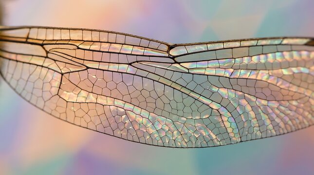 Closeup of iridescent dragonfly wing with intricate vein pattern on colorful background
