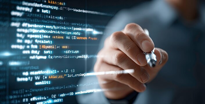 A person writing code on a digital screen, technology concept.