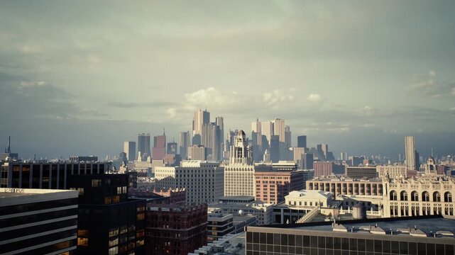 overcast city skyline with snow rooftops, architects distant vantage capturing muted tones, vintage film mood, layered brick buildings and distant skyscrapers,