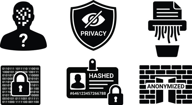 Vector silhouette set of data anonymization icons featuring pixelated person, privacy shield, shredded document, encrypted block and hashed id