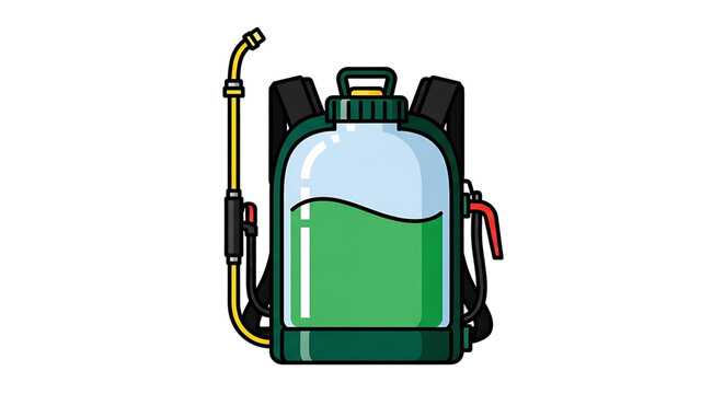 A vector graphic illustration of a green backpack sprayer with a yellow hose and black straps on a white background