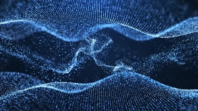Abstract blue wave patterns with glowing dots create a dynamic visual effect