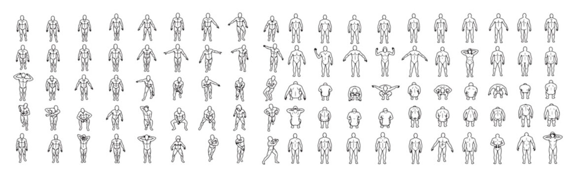 Male Figure Pose Reference Sheet Showing Multiple Angles and Dynamic Standing, Walking and Stretching Poses