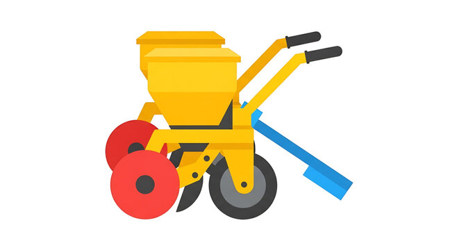 A vibrant yellow and blue vector graphic illustration of a fertilizer spreader with red wheels on a white background