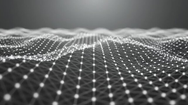a digital grid landscape with glowing white dots forming a wave pattern