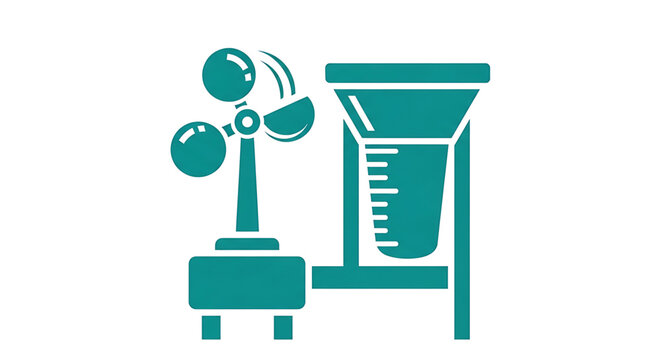 A vector graphic illustration of a weather station with a rain gauge and anemometer in a flat, minimalist design style.