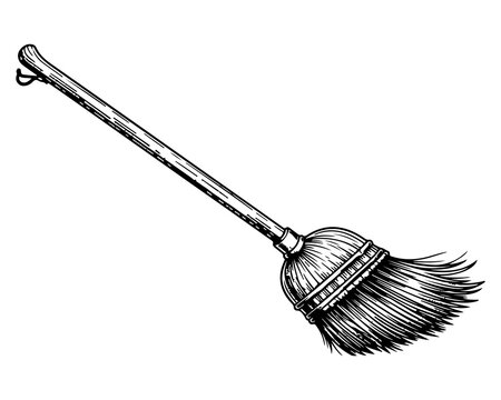 A Vintage Broom's Charm: A detailed vintage illustration of a classic broom, evokes a sense of nostalgia for simpler times, revealing the delicate strokes and textures of the craft.