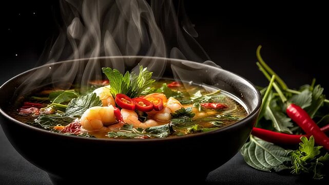 Spicy shrimp soup with herbs and chili steaming in bowl creating rich aromatic Asian cuisine food scene