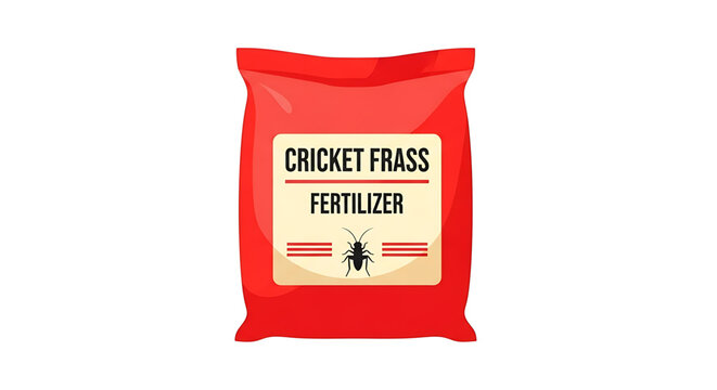 A red bag of cricket frass fertilizer with a beige label and a black cricket silhouette