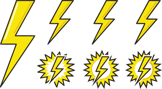 Yellow cartoon lightning bolts and shock on white background