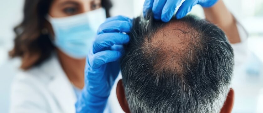 M&eacute;dica tricologista brasileira examinando o couro cabeludo de um paciente masculino com calv&iacute;cie durante consulta, conceito de implante capilar