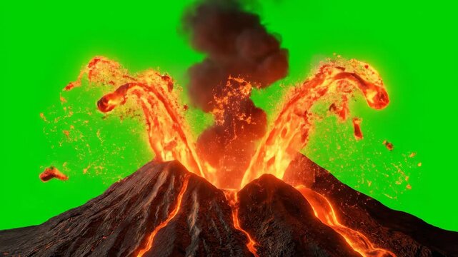 Fiery volcanic eruption spewing lava and ash into the atmosphere, captured with a green screen background for easy compositing