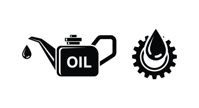 Oil can gear and droplet icons in a bold graphic silhouette