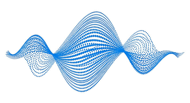 A blue wave pattern made of dots on a white background, representing sound or vibration in a minimalist design.