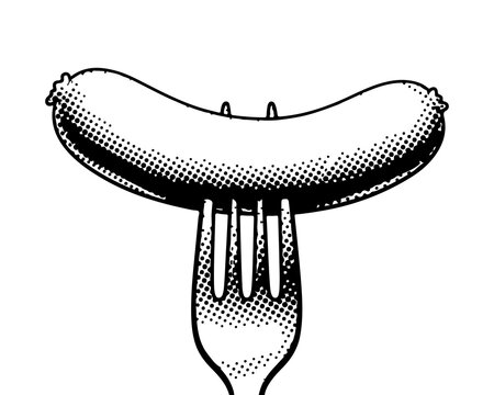 Sausage on a Fork: A tantalizing sausage impaled on a fork, a simple yet effective depiction, perfect for culinary and food-related themes.