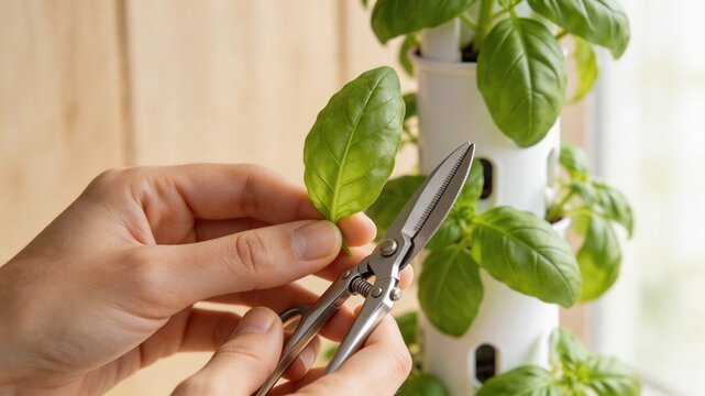 Person harvesting organic basil leaf from vertical hydroponic tower