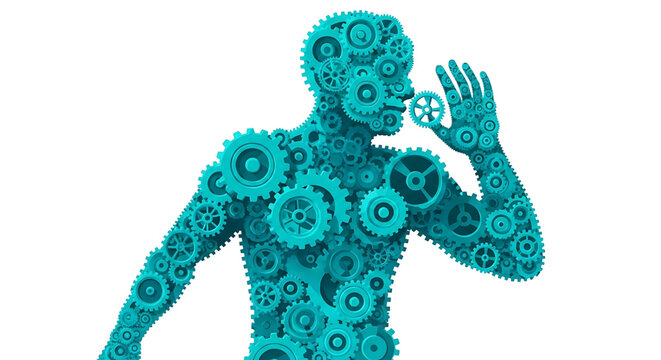 A teal-colored human silhouette made of interlocking gears and cogs, representing innovation and technology.