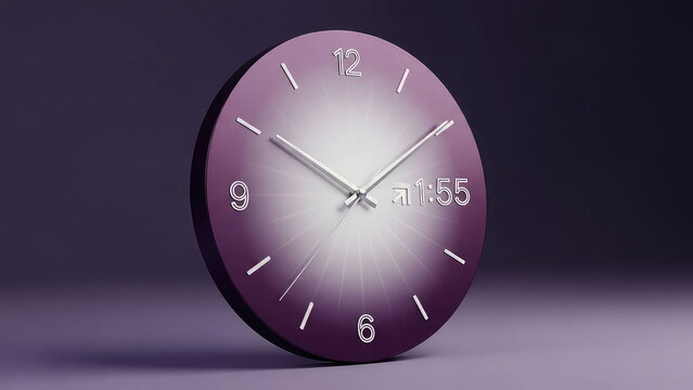 A modern purple clock displaying the time 11:55 on a dark background