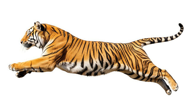 A tiger is jumping through the air with its legs outstretched freely