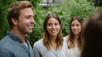Fototapeta premium Three adults sharing a genuine moment of laughter and connection while gathered in a lush outdoor garden setting