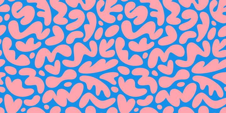 Abstract Seamless Pattern with Pink Organic Blob Shapes on Blue Background. Fun and Playful Modern Kids Texture. Vector Irregular Liquid Graphic Shapes.
