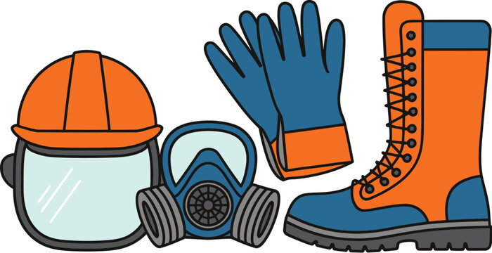 Safety gear PPE icons illustration, personal protective equipment symbols for workplace protection including helmet gloves goggles mask and boots.