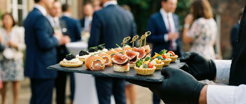 Gar&ccedil;om segurando uma bandeja com canap&eacute;s e aperitivos durante um evento de catering ao ar livre com convidados ao fundo.
