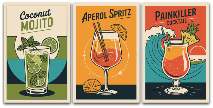 Summer cocktail poster illustration, mid century modern Aperol Spritz Coconut Mojito and Painkiller drinks for vintage bar wall art design.