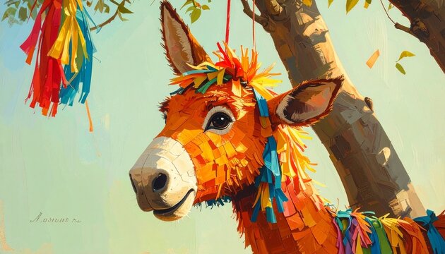Vibrantly Colored Donkey Paper Mache Object Hanging from a Tree Branch Outdoors, Evoking a Festive Celebration, Playful Mood, and Bright Atmosphere for Party Themes and Joyful Events